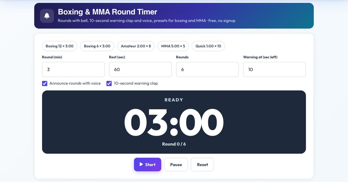 Screenshot of the free Boxing & MMA Round Timer tool on AZRS QuickFix