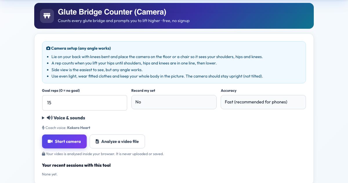 Screenshot of the free Glute Bridge Counter (Camera) tool on AZRS QuickFix