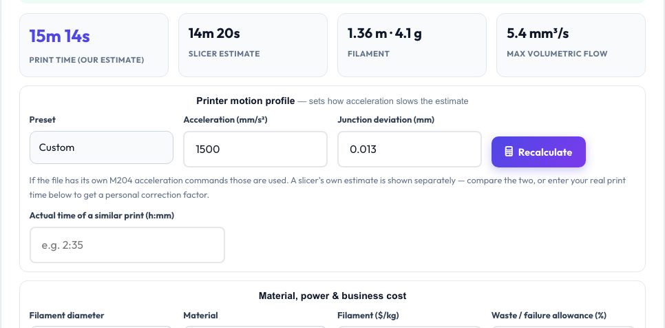 Screenshot of the free G-code Print Time & Filament Cost Estimator tool on AZRS QuickFix
