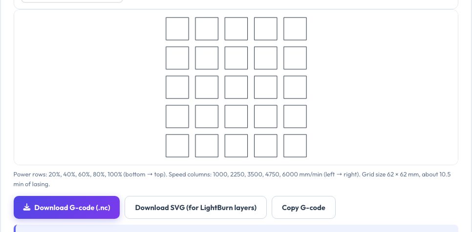 Screenshot of the free Laser Power/Speed Test Grid, Kerf Test & Material Safety Guide tool on AZRS QuickFix