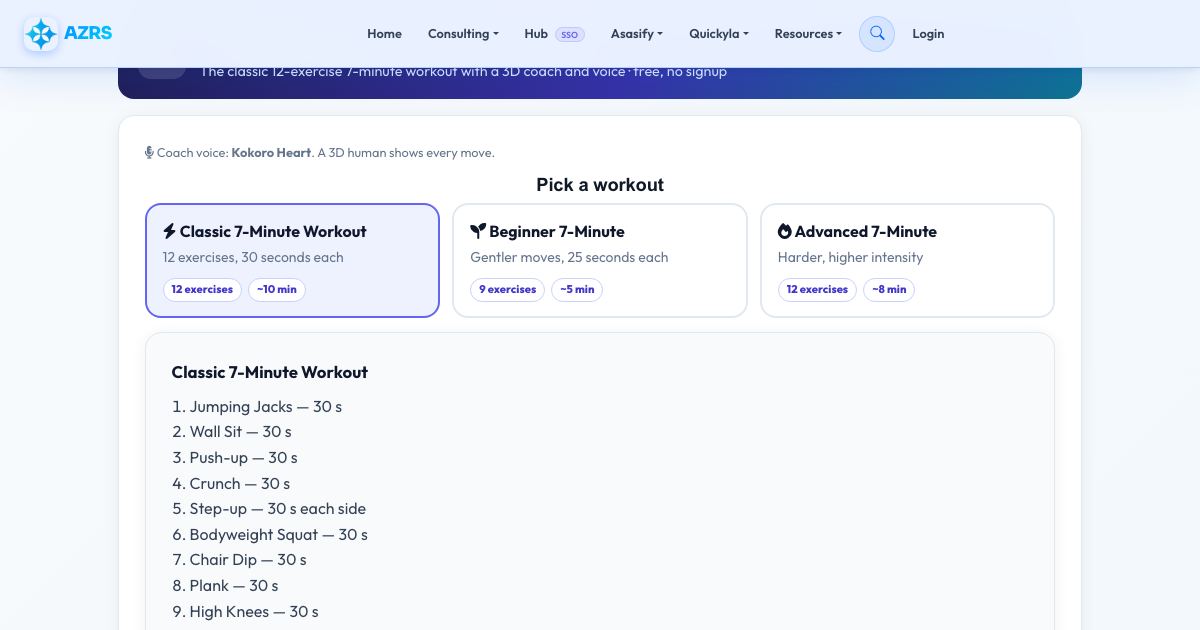 Screenshot of the free 7-Minute Workout (Voice Guided) tool on AZRS QuickFix